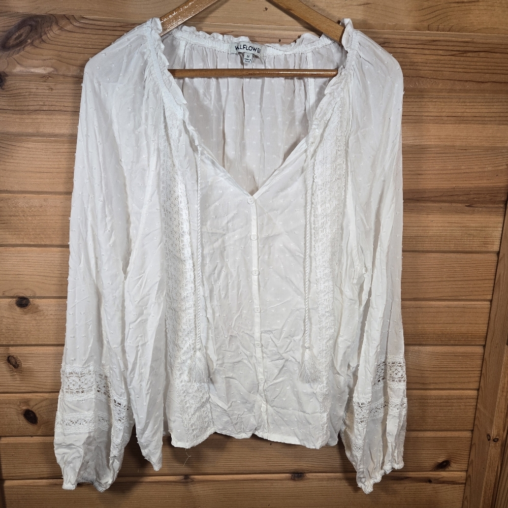 Wallflower Pullover Top Long Sleeve White Womens 2XL Boho Tassel Lace Cutouts